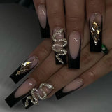 Popxstar 24Pcs White French False Nails with Rhinestone Extra Long Ballet Press on Nails Flower Design Square Head Wearable Fake Nail Tip