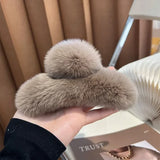 Popxstar Vintage Women Large Real Otter Rabbit Plush Hair Clip Korea Autumn and Winter Elegant Shark Claw Girl Sweet Hair Accessories