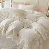 Popxstar  Romantic Lace Ruffles Princess Style Bedding Set Carved Velvet Warm Winter Duvet Cover Flat/Fitted Bed Sheet Pillowcases 4Pcs