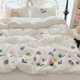 3/4Pcs Bedding Set 3D Floral Embroidered Towel-Stitch Puff-Quilted Red Duvet Cover Muslin Bedding Bed Sheets With Pillowcase