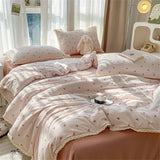 Popxstar INS Girls Cherry Soft Bedding Set Washed Cotton Bed Sheet Queen King Size Duvet Set Flower Comforter Set Pillowcase Bed Linens