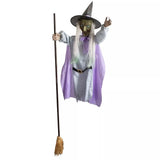 Halloween Animated Hovering Witch Animatronics Purple 6 FT Garden Props Flying Witch With Lights Hovering Witch Decorations