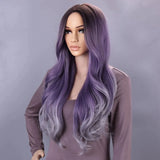 Popxstar Long Wavy Middle Part Wig Purple Natural Wigs for Women Heat Resistant Ombre Purple Gray Wig Daliy Party 28 Inch Synthetic Wigs