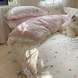 Popxstar Blue Floral Ruffle Duvet Cover Set Queen Flower Leaf Comforter Covers 4Pcs Soft Luxury Pastoral Garden Washed Cotton Bedding Set