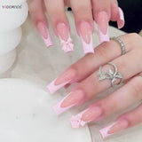 Popxstar  24Pcs Long Coffin Fake Nails Pink French Tips Press on Nails Ballerina Full Cover False Nail for Women and Girls DIY Manicure