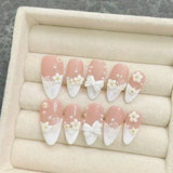Popxstar  10Pcs French Almond Handmade Press on Nails Fake Nails with Cherry Pattern Wearable Stick-on Nails False Nail