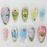 24pcs Red Cat Eye Press on Nails Pearl Heart Stick on Nails Bow French Fake Nails Sweet Cute Flower Nail Almond 3D False Nail