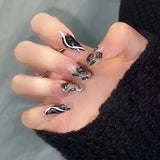 Popxstar 24pcs Long Ballet Coffin Wearable Dark Black Star French False Nails Full Cover Rhinestones Fake Nails Set Press On Nail Tips