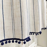 Popxstar Blue Striped Cotton Linen Texture Short Curtains Translucent Short Curtains With Hairball Tassels for Kitchen, Café, Restaurant