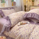 3/4Pcs Bedding Set Korean Country Style Purple Ruffle Duvet Cover Bed Sheets With Pillowcase Double Bed Linen Cotton Four-Season
