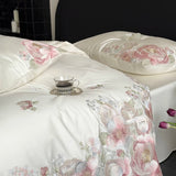 Popxstar  Flowers Embroidery Luxury Bedding Set Egyptian Cotton Single Queen King Size Duvet Cover Flat/Fitted Bed Sheet Pillowcases 3/4Pc