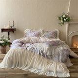 Popxstar  Flowers Print Chiffon Lace Ruffles Princess Bedding Set 600TC Lyocell Cotton Duvet Cover Flat/Fitted Bed Sheet Pillowcases 4Pcs