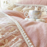 Popxstar  Romantic Lace Ruffles Handmade Beads Velvet Winter Warm Thickened Princess Bedding Set Duvet Cover Bed Skirt Pillowcases 4Pcs