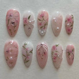 24pcs Pink Spring Summer Nail Art French Edge Fake Nails Sweet Pearl Star Shell False Nails 3D Flower Press on Nails Almond Nail