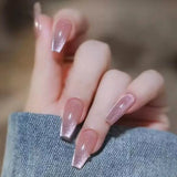 Popxstar 24 Pcs Cat Eye Winter Press on Nails for Gluing Long Korea False Nail for Girls Cheap Coffin Stick-on Fake Nails Set with Glue