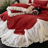 Popxstar  4Pcs French Princess Style Carved Velvet Warm Winter Bedding Set Large Lace Ruffle Duvet Cover Flat/Fitted Bed Sheet Pillowcases