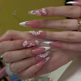 Popxstar 24Pcs Wearable Stiletto Nails Set Press on Nails Almond Simple French Flowers Design False Nails with Rhinestone Fake Nail Tips