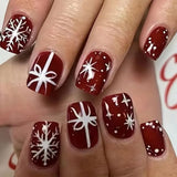 Popxstar  24pcs Christmas Short Square False Nails Press on Snowflake Pattern Design Nails Simple Red Fake Nail Tips Wave Lines Manicure