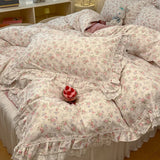 Popxstar  4Pcs Vintage French Fresh Floral Lace Ruffles 100% Cotton Bedding Set Duvet Cover Bed Skirt/Bed Sheet/Fitted Sheet Pillowcases