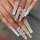 Popxstar 24pcs Rhinestones Design False Nails Press on Long Ballet Pink French Fashion Fake Nails Square Manicure Tips Wearable Finished