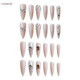 popxstar 24Pcs Stiletto Press on Nails Long Almond Nude Color Fake Nails Shiny Cat's Eyes Diamond Designs Bride Wedding False Nails