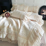 Popxstar  Rose Embossing Quilted Duvet Cover Set Vintage Lace Ruffles Pure Cotton Bedding Set Bed Sheet/Bed Skirt/Fitted Sheet Pillowcases