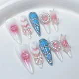 Popxstar  10Pcs Long Almond Handmade Press on Nails Butterfly Fake Nails Wearable Stick-on Nails False Nail Накладные Ногти Uñas Postizas