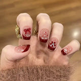 Popxstar  24pcs Wine Red Full Cover Nail Tips Cat's Eye Short Square False Nails with Flower Design Fake Nail Golden Lines Press on Nails