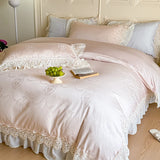 Popxstar  Vintage Jacquard Lace Ruffles Wedding Bedding Set Lyocell Cotton Soft Silky Duvet Cover Set Bed Sheet Fitted Sheet Pillowcases