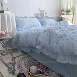 popxstar INS Girl Blue Bedding Sets Solid Color Seersucker Ruffles Lace  Kawaii Soft Sheet Woman Duvet Cover Pillow Covers Quilt Cover