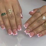 Popxstar  24Pcs French Fake Nail with Pink Bow Short Strawberry Pattern Press on Nails Full Cover False Nails Wearable Square Nail Tips