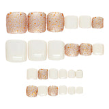 Popxstar  24Pcs Summer Fake Toenails White Short Square Press On Toe Nails Glossy Sequins Designs Women Girls Acrylic False Nails Art