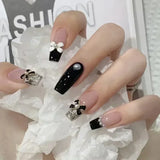 Popxstar 24Pcs Three-dimensional Love Heart False Nails with French Design Long Coffin Wearable Fake Nails Rhinestone Press on Nails Tips
