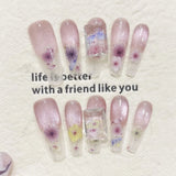 Popxstar  10pcs Long Ballet Handmade False Nails Tips Summer Day Purple Cat's Eye Fake Nail Sets Flower Coffin Reusable Press on Nails Art