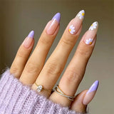 Popxstar 24pcs/Box Fresh Floral Almond False Nails Press On Nails Detachable Fake Nail Tip Purple with Design Manicure Patches
