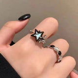Popxstar New Y2K Kpop Lucky Star Ring Heart Adjustable Irregular Geometric Punk Retro Women Crystal Ring Set Fashion Girls Jewelry Gifts