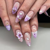 Popxstar 24pcs White French Fake Nails Almond 3D Pink Bow Flower Design Reusable Press on False Nails Butterfly Pearl Wearable Manicure