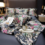 Natural Silk Bedlinens Bedding Set Nordic Flower Printed Duvet Cover Set Couple Double King Queen Size Soft Bed Sheet Pillowcase