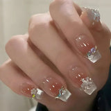 Popxstar 24Pcs Three-dimensional Love Heart False Nails with French Design Long Coffin Wearable Fake Nails Rhinestone Press on Nails Tips