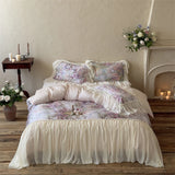 Popxstar  Flowers Print Chiffon Lace Ruffles Princess Bedding Set 600TC Lyocell Cotton Duvet Cover Flat/Fitted Bed Sheet Pillowcases 4Pcs