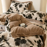 Flower Winter 4pcs Bedding Sets Fleece Warm Quilt Cover Bedspread for Women Bedroom Thickened and Weighted
