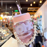 400ML Cute Girl Transparent Glass Heat Resistant Water Bottle With Pearl Bracelet Portable Double Drinking Coffee Mug Straw Cups