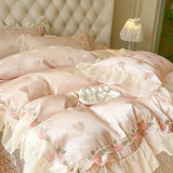 Popxstar  4Pcs Pure Cotton French Flowers Lace Ruffles Princess Wedding Bedding Set Duvet Cover Quilted Bedspread Bed Skirt Pillowcases