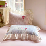 Korean Style Bedding Sets Pink Grid Bow Quilt Cover Romantic Bed Sheet Sets Woman Girls Bedroom Duvet Cover 4pcs