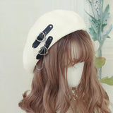 Popxstar Japanese Beret Harajuku Y2 Fashion Lolita Hat JK Hat Girl Beret Cute PU Chain Heart Love Wool Kawaii Women Hat Accessories
