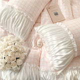 Popxstar Korean Style Princess Bedding Set Luxury Pink Lattice Duvet Cover Ruffles Lace Bedspread Bed Sheet Pillowcases