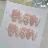 10Pcs Sweet Lovely Press on Nails Medium Almond False Nails Bowknot Pearl Nails Full Cover Glitter French Nail Cat Eye Fake Nail