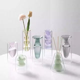 Double-layer colorful glass vase Hydroponic fresh flowers flower arrangement desktop ornament home office hotel decoration