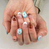 Popxstar 24pcs White Flower Fake Nail Tips Ins Yellow Pink Blush False Nails Wearable Full Cover European Almond Shaped Press on Nails