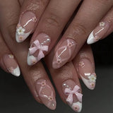 popxstar Pink French Style Fake Nails Almond Ballerina Press on Nails 3D Bowknot Designs Nude Color Stick-on False Nails Tips 24Pcs